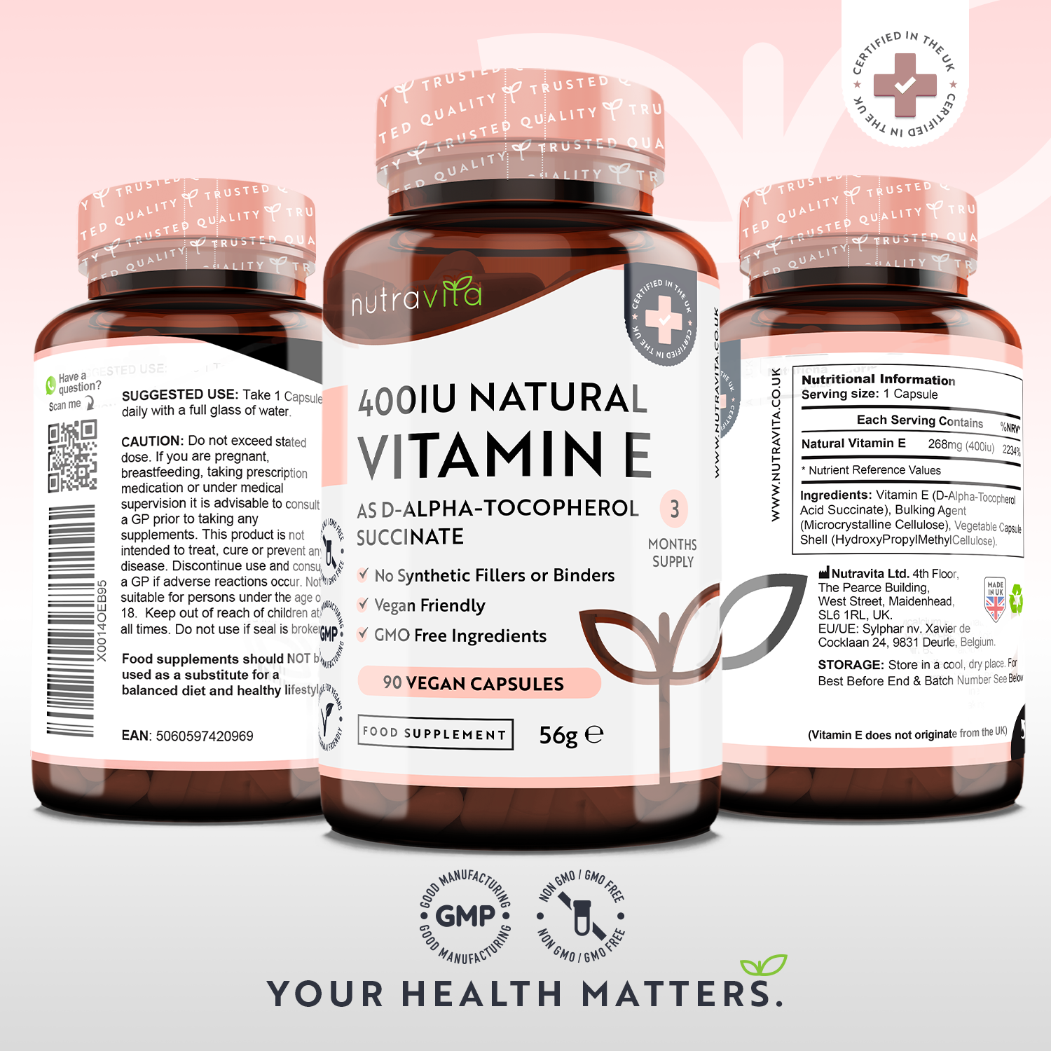 Three bottles of Nutravita Vitamin E supplement 