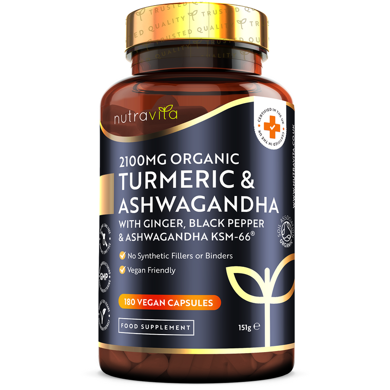 Organic Turmeric 2100mg & Ashwagandha KSM-66 ® with Ginger & Black Pepper - 180 Vegan Capsules