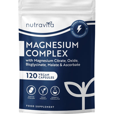 A stand-up pouch of Nutravita Magnesium Complex food supplement, featuring a white and dark navy blue design with text detailing the ingredients and 120 vegan capsules.