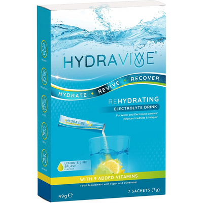 HydraVive Rehydrating Electrolyte Drink supplement box, featuring a blue and white design with water splash graphics and a lemon slice illustration, containing 7 sachets.