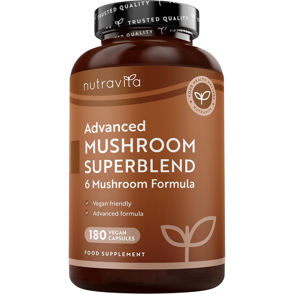 A bottle of Nutravita Advanced Mushroom Superblend 6 Mushroom Formula food supplement, featuring a brown label and black cap on a white background.