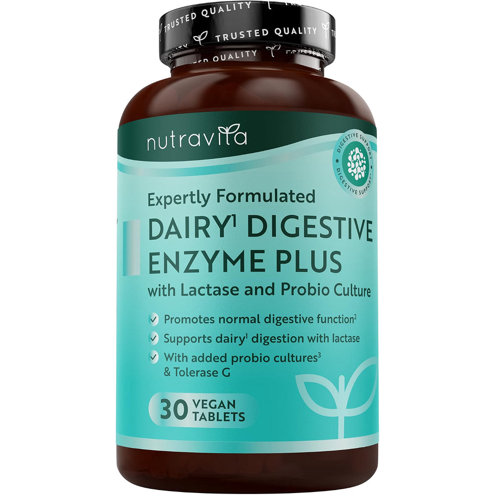 A bottle of Nutravita Dairy Digestive Enzyme Plus dietary supplement, featuring a dark amber brown bottle with a teal and white label and a black cap, on a plain white background.