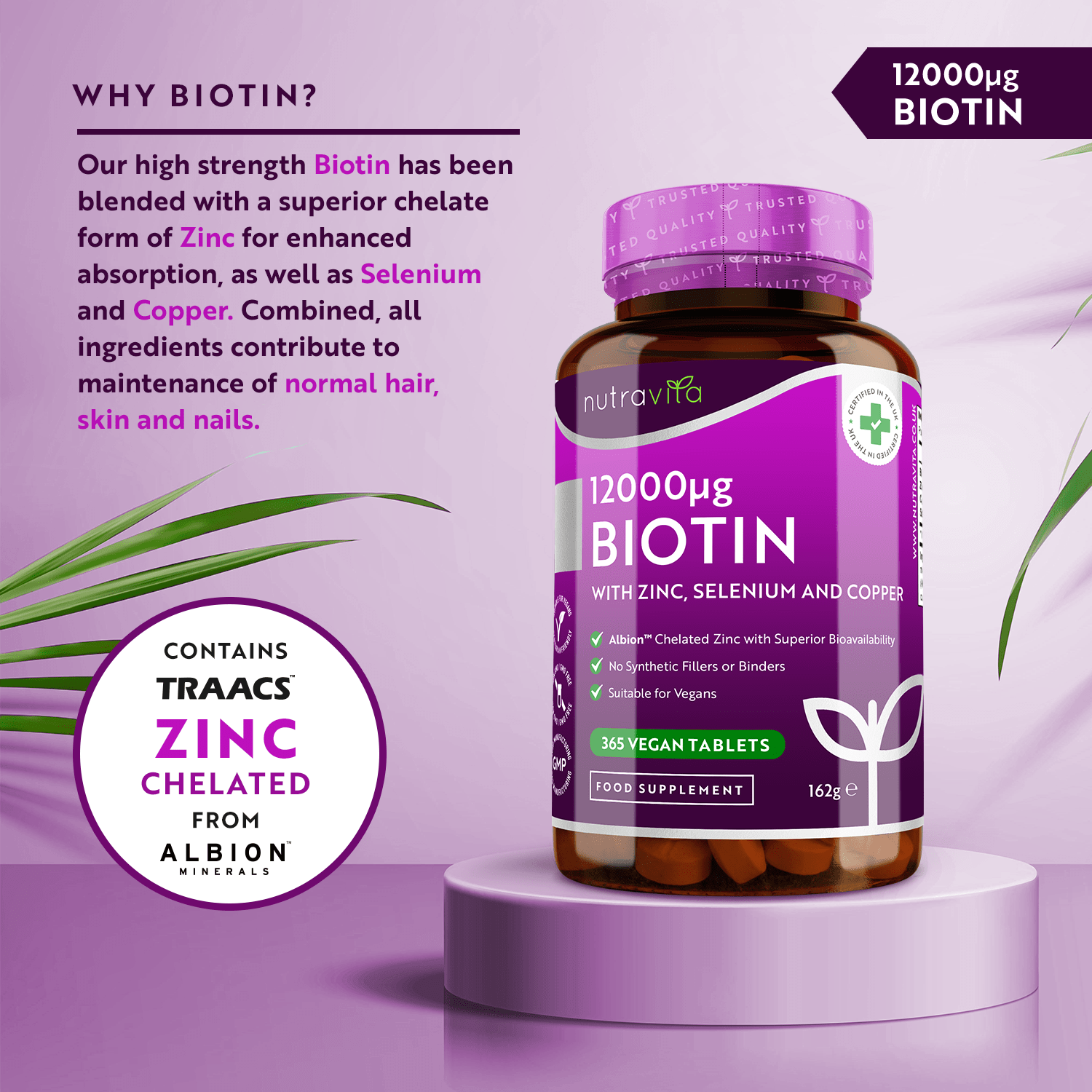 Biotin 12,000ug with Albion™ Zinc, Selenium & Copper 365 Vegan Tablets