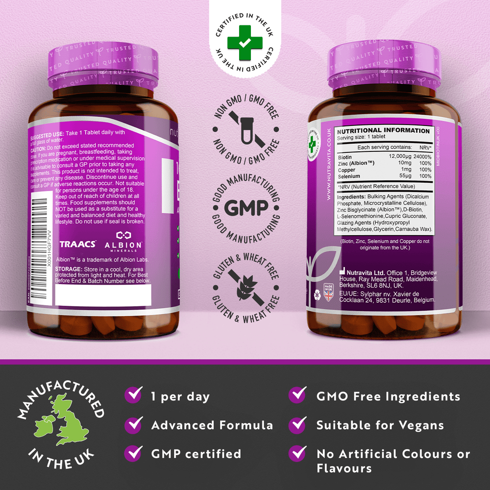 Biotin 12,000ug with Albion™ Zinc, Selenium & Copper 365 Vegan Tablets