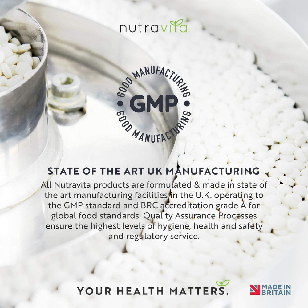 Nutravita product with GMP certification text and branding elements.