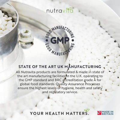Nutravita product with GMP certification text and branding elements.