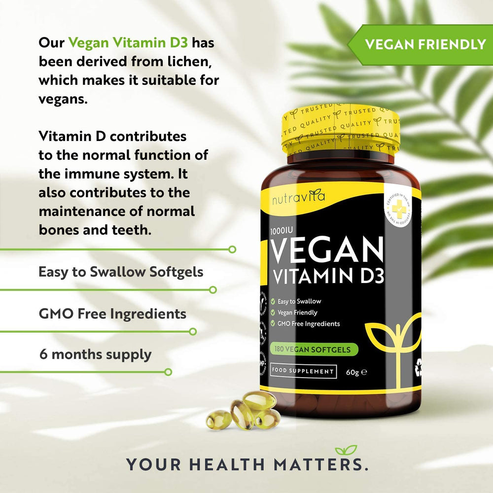 Vegan Vitamin D3 supplement bottle with text about its benefits and features on a light background.