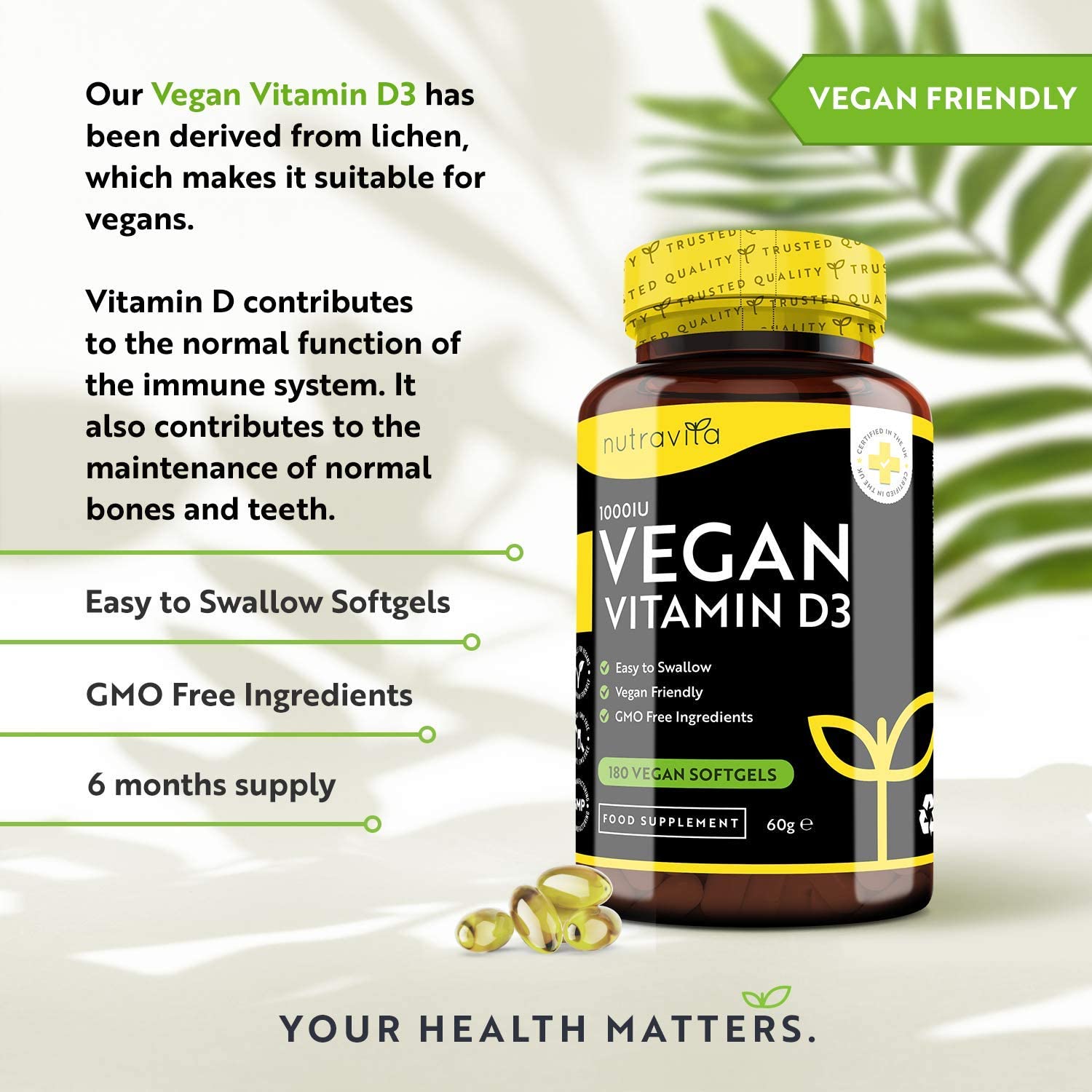 Vegan Vitamin D3 supplement bottle with text about its benefits and features on a light background.