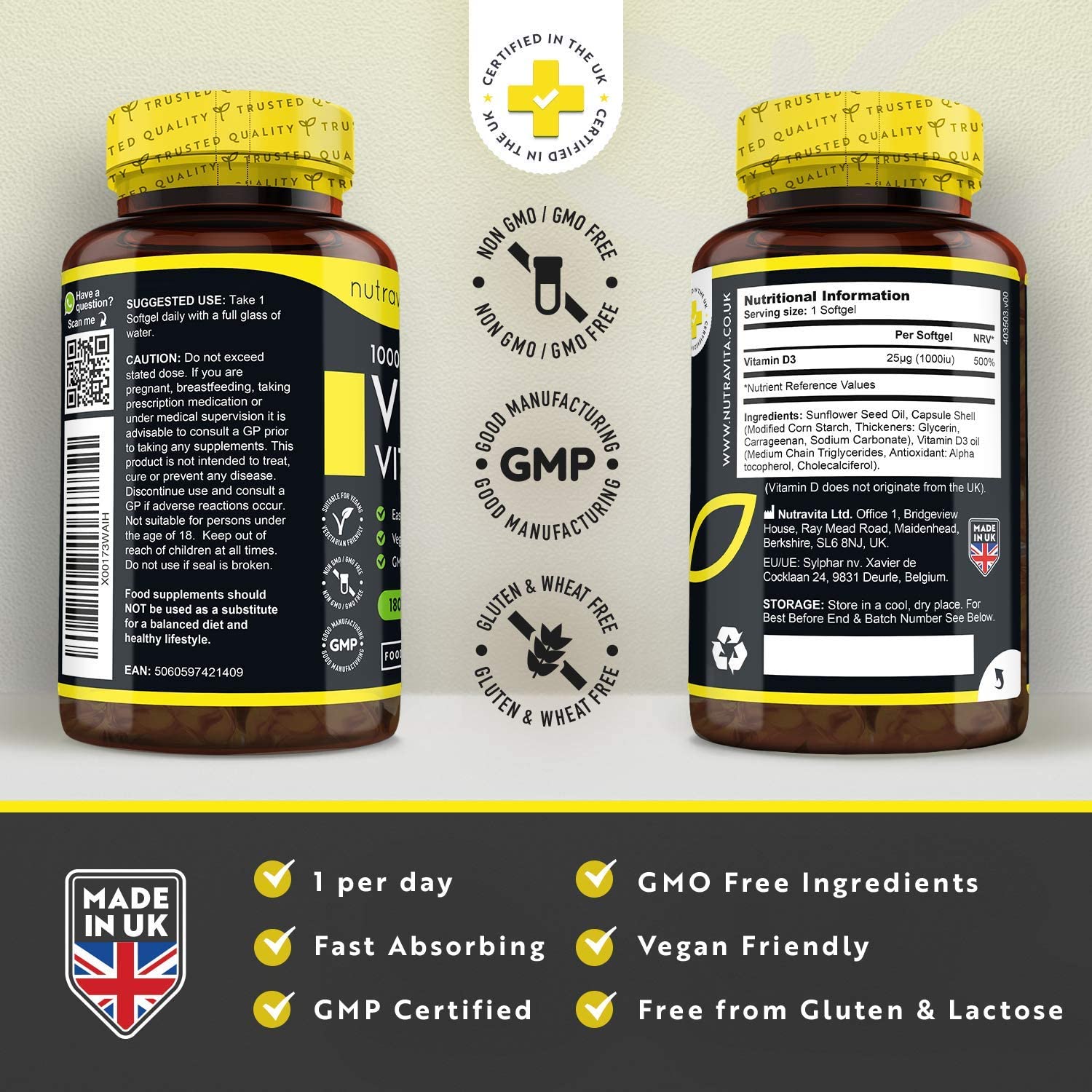 Two Vegan Vitamin D3 supplement bottles with labels and certification logos on a white background