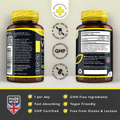 Two Vegan Vitamin D3 supplement bottles with labels and certification logos on a white background