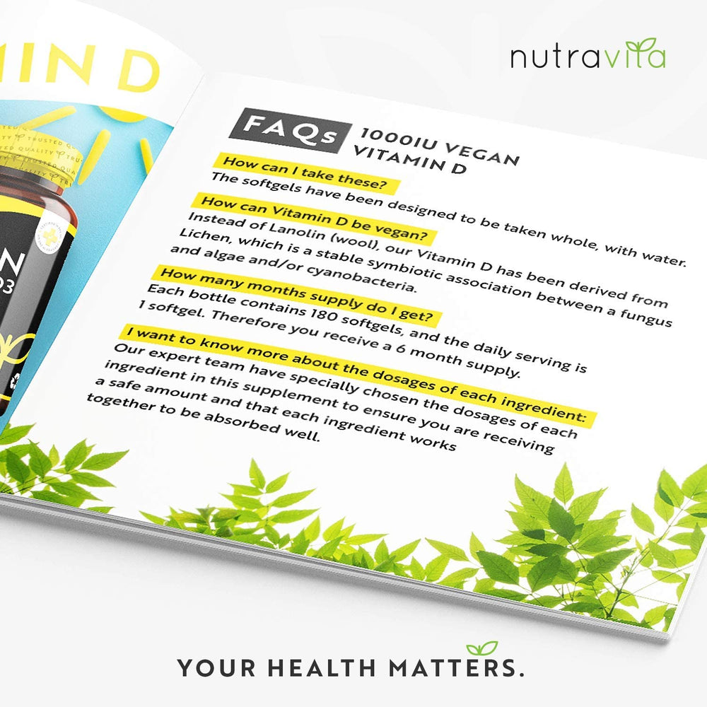 Nutravita vitamin D supplement information sheet with FAQs on a white background