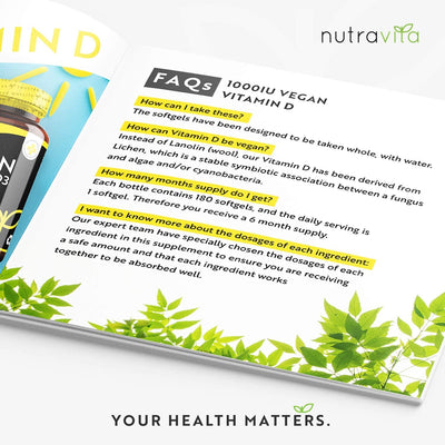 Nutravita vitamin D supplement information sheet with FAQs on a white background