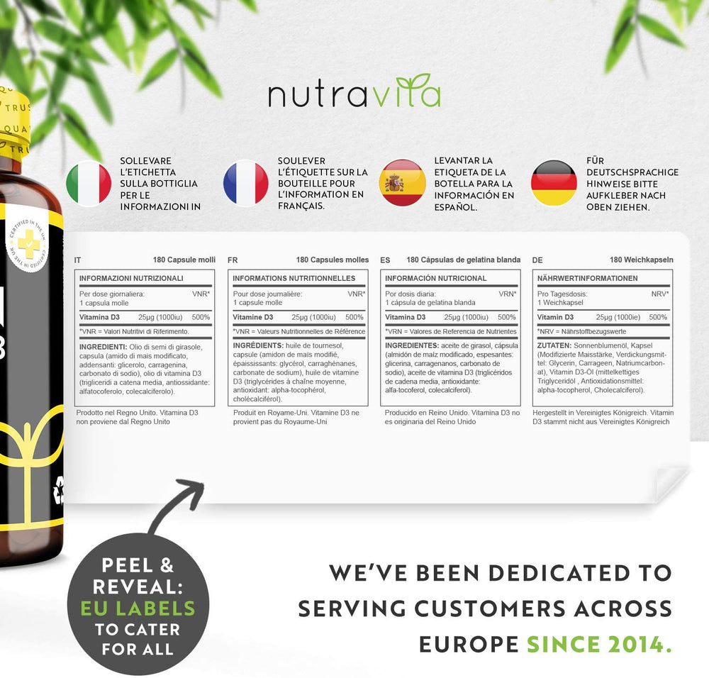 Nutravita product packaging with multiple language labels and a bottle on the left.