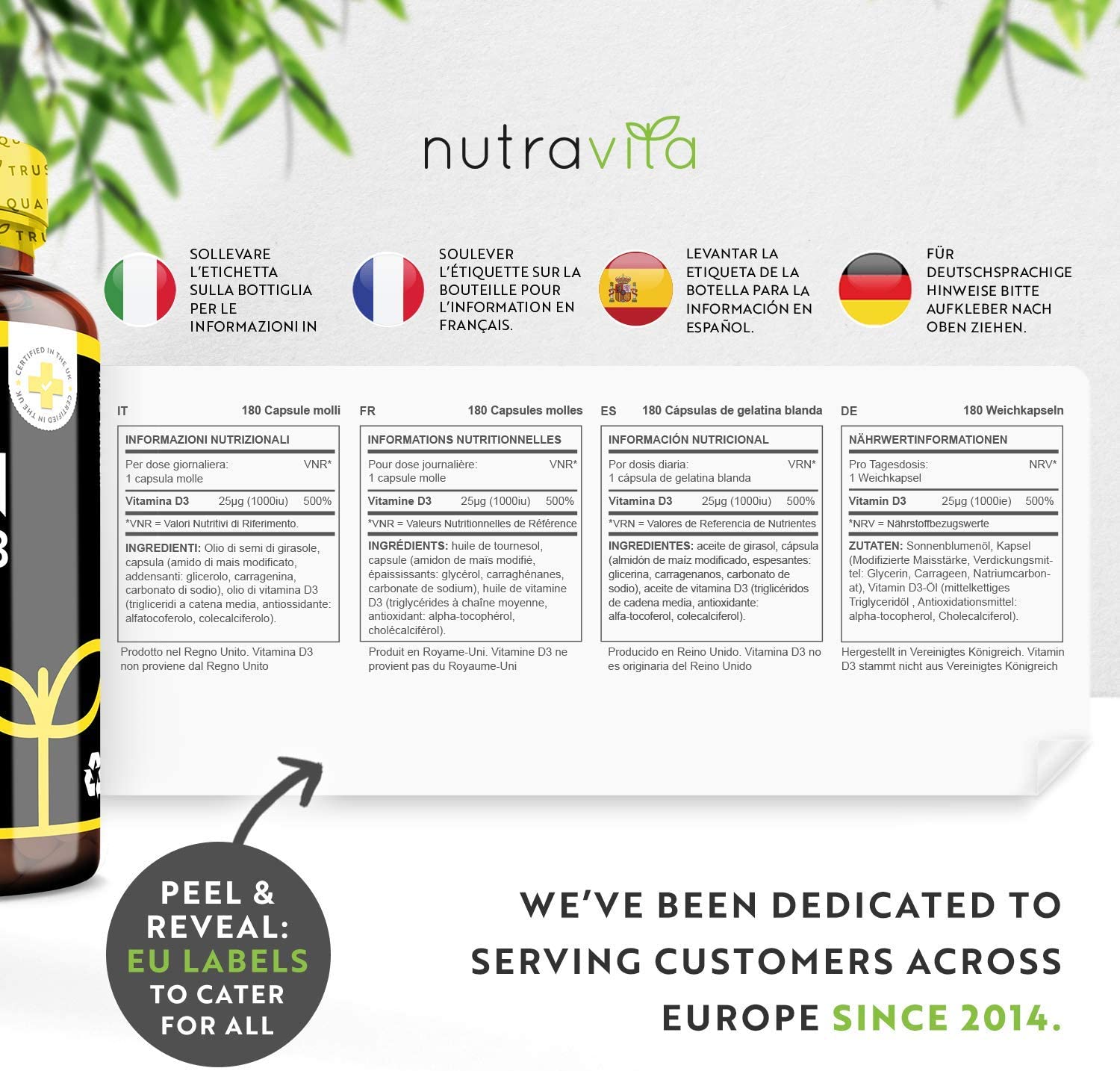 Nutravita product packaging with multiple language labels and a bottle on the left.