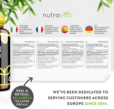 Nutravita product packaging with multiple language labels and a bottle on the left.